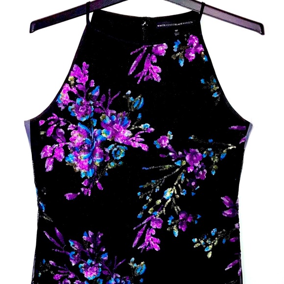 NWOT WHITE HOUSE BLACK MARKET BLACK HALTER DRESS with COLORFUL SEQUIN ACCENTS - Picture 2 of 14